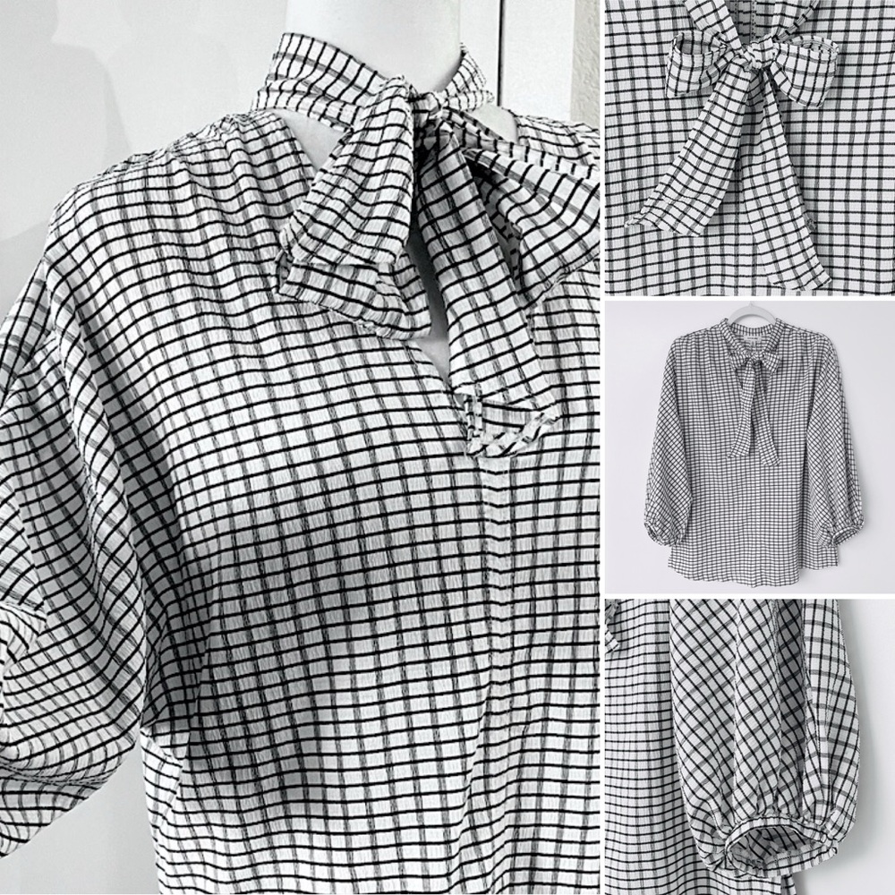 Max Studio Crepe Shirt V-Neck with Tie Plaid Balloon 3/4 Sleeves Elastic Cuff